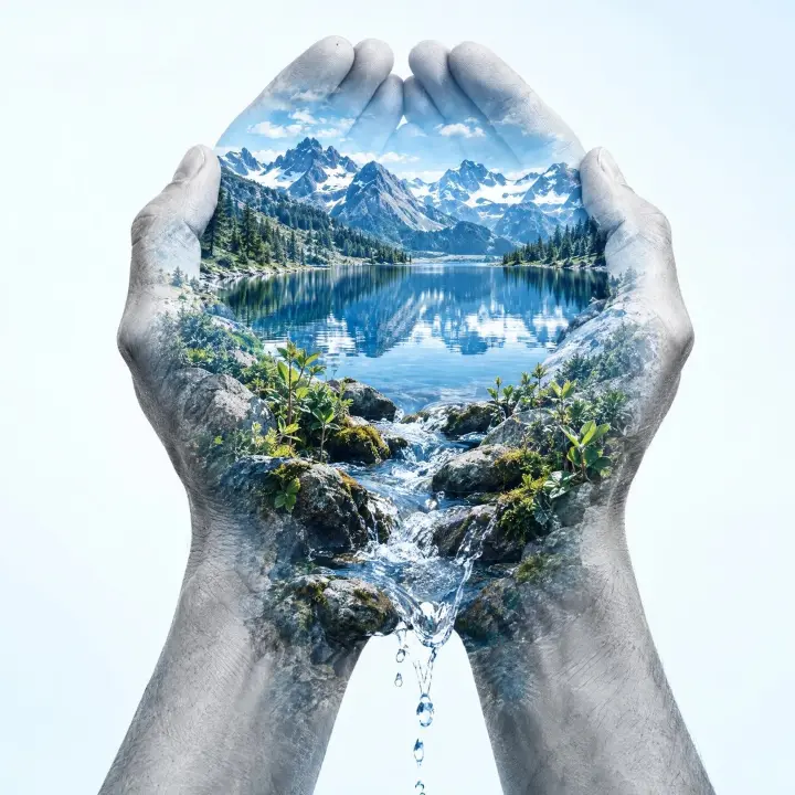 Mani a coppa che raccolgono l'acqua di un lago di montagna