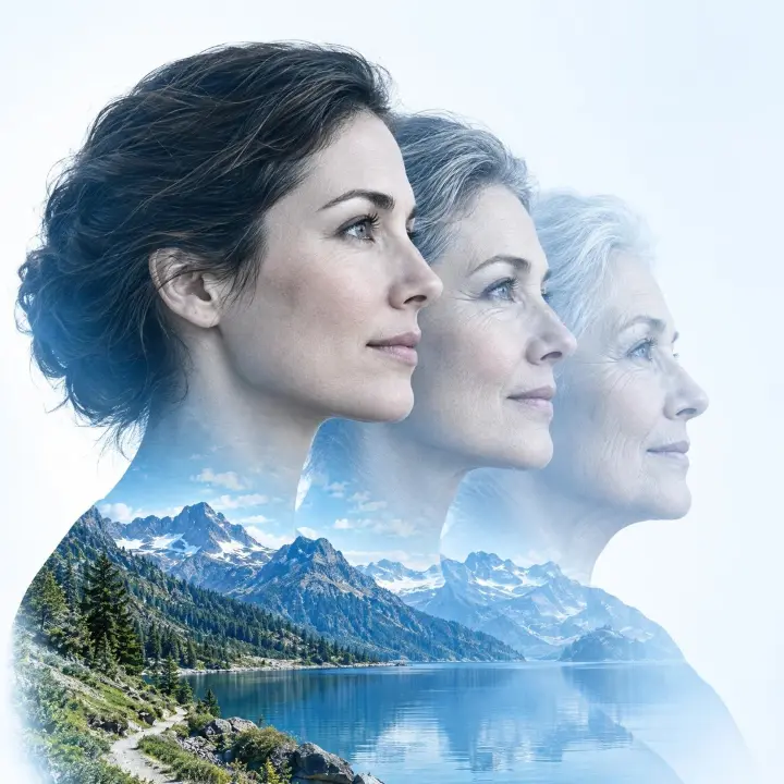 Tre generazioni di donne di profilo, in doppia esposizione con un lago alpino